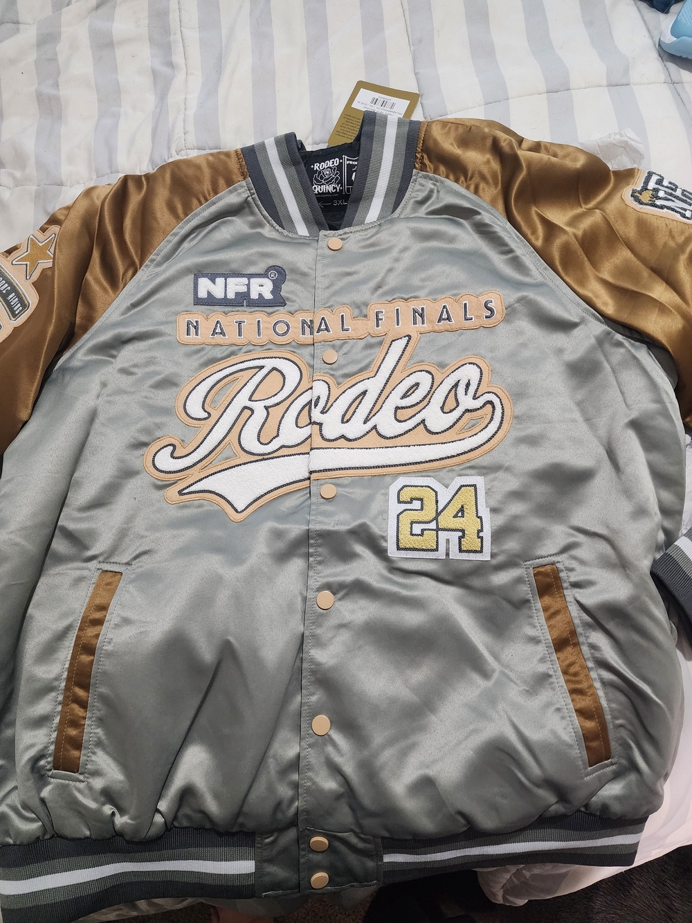 Rodeo National Finals Satin Bomber Jacket in Gray and Gold